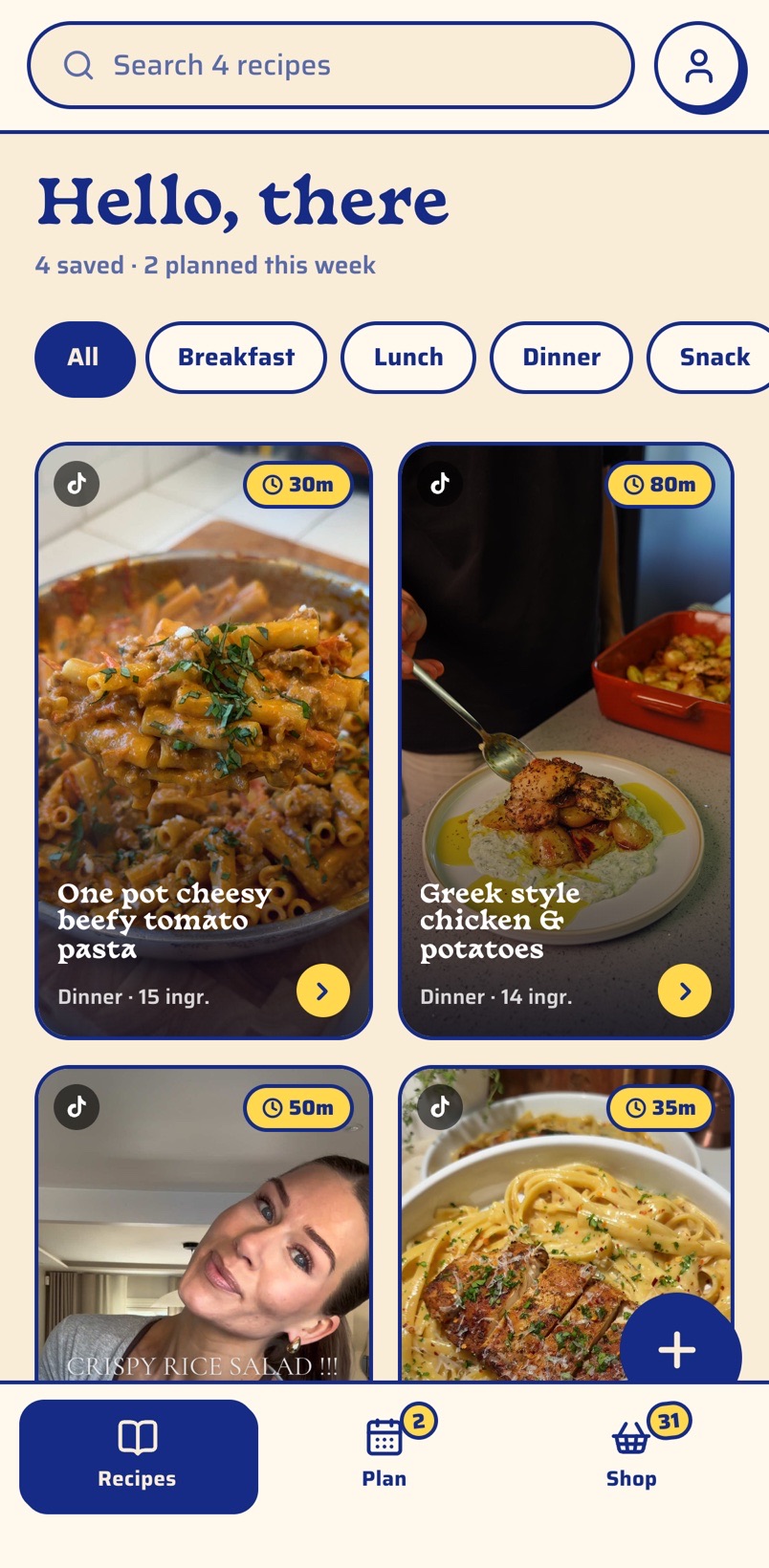 The SheCooked app: a recipe search bar, a greeting, category filters and a grid of saved recipes with cooking times